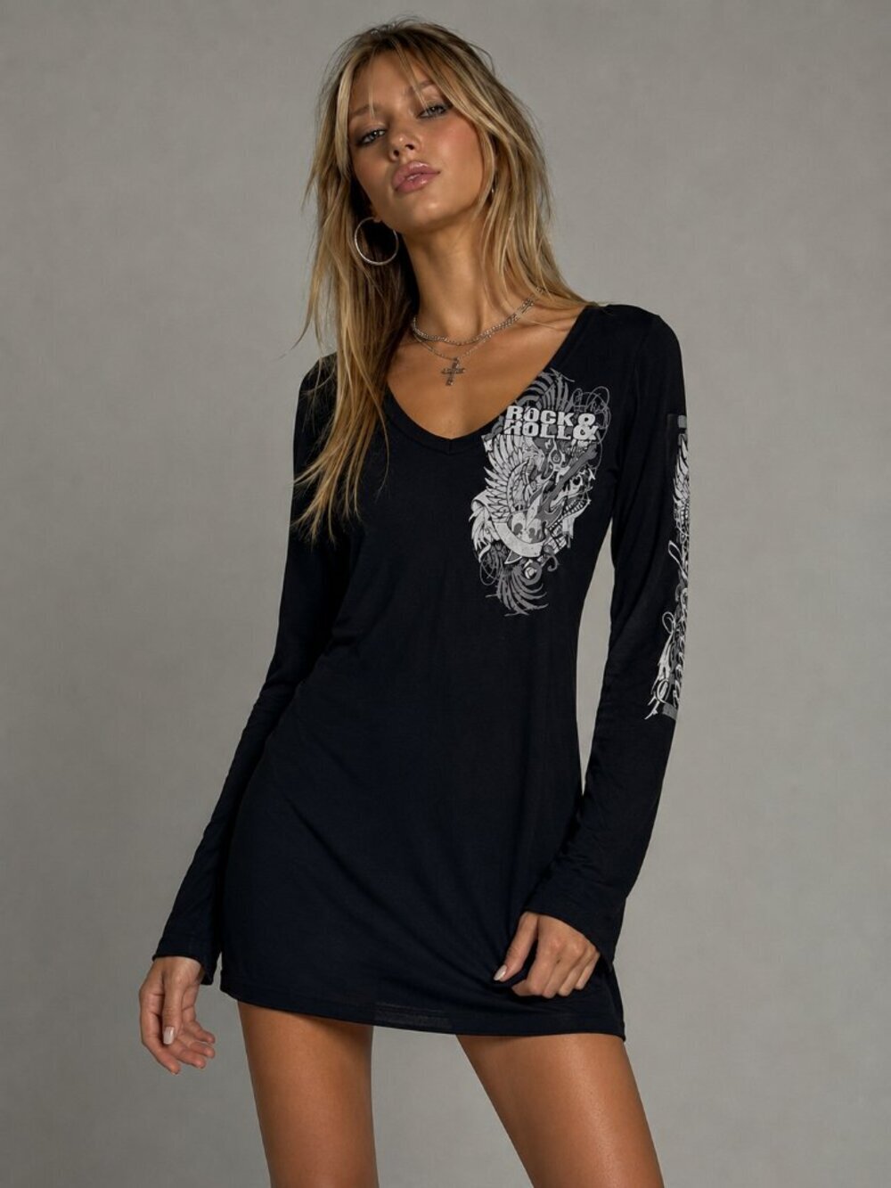 Vintage Mini Dress Black Tunic Top Y2K Rock Retro Guitar Medium